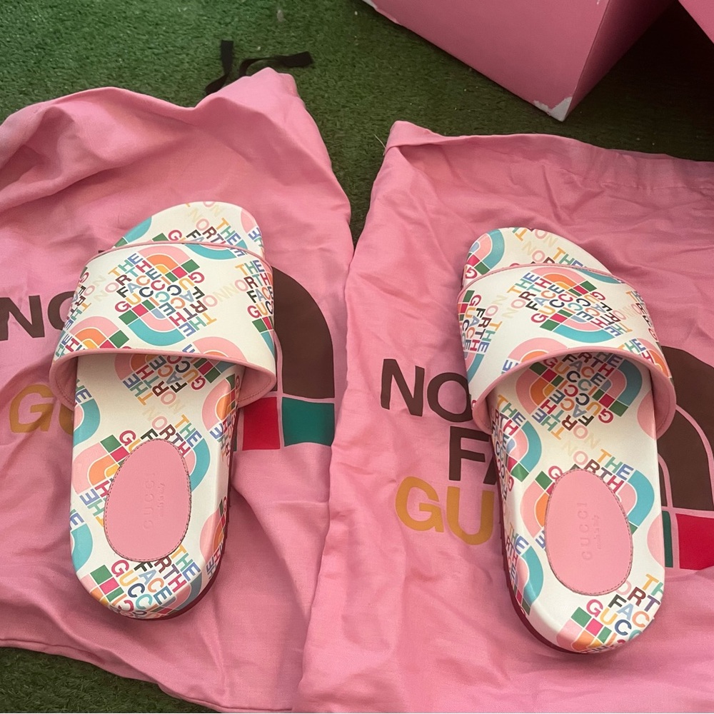 Real size 9 US, 39 European Gucci North Face Italian leather slides.